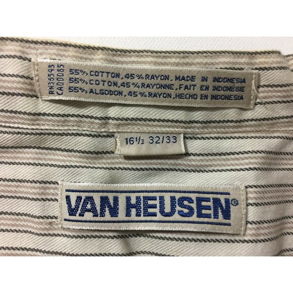 Van Heusen Mens Beige Striped Button-Front Shirt Size 16.5 32/33 - Picture 6 of 8